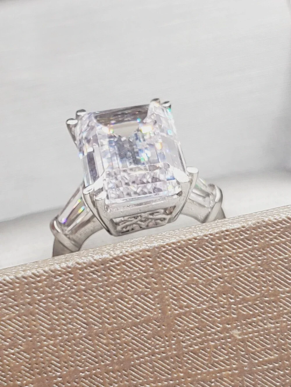 Classic Emerald Cut Solitaire Ring - Baguette Band - 925 Sterling Silver